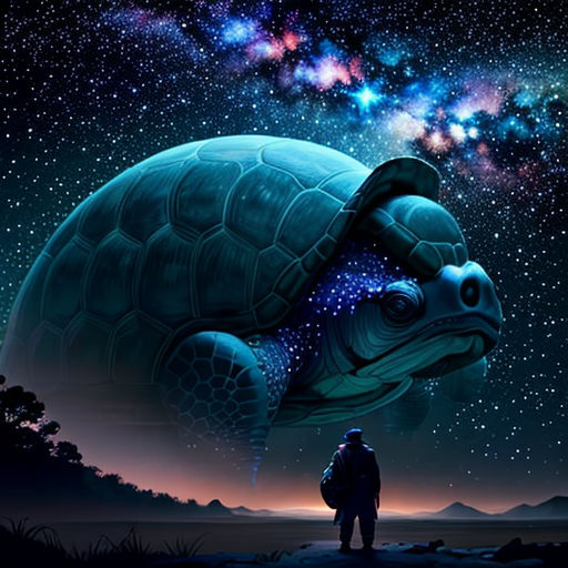 a man standing in front of a turtle under a night sky filled with stars and a galaxy filled sky
