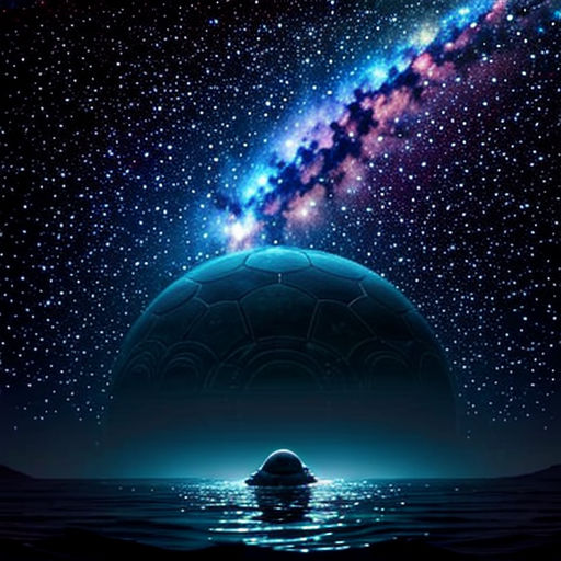a space scene with a large object in the middle of the ocean and a bright star filled sky above