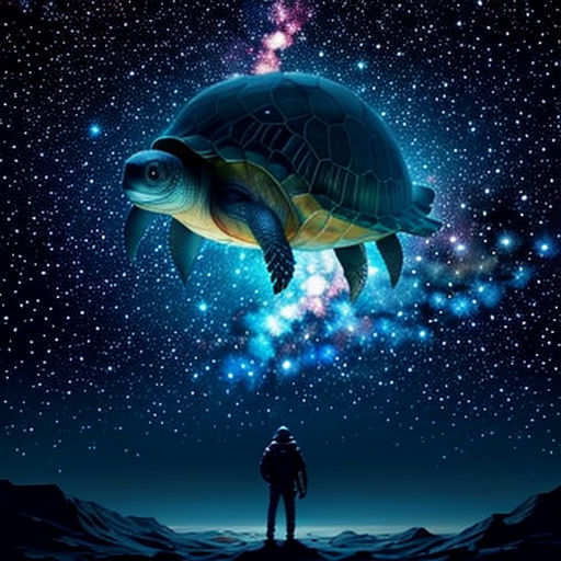 a man standing on a hill looking at a turtle in the sky with stars above him and a person standing on the ground