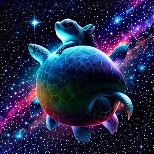 a turtle floating in the air with a star in the background and a galaxy background behind it, with a bright blue turtle floating in the air
