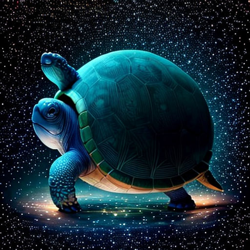 a turtle with a blue shell and a black background with stars in the sky and a blue background with stars