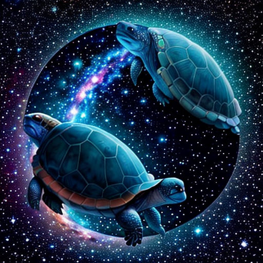 two turtles in a space with stars and a spiral galaxy background, one is looking at the other one