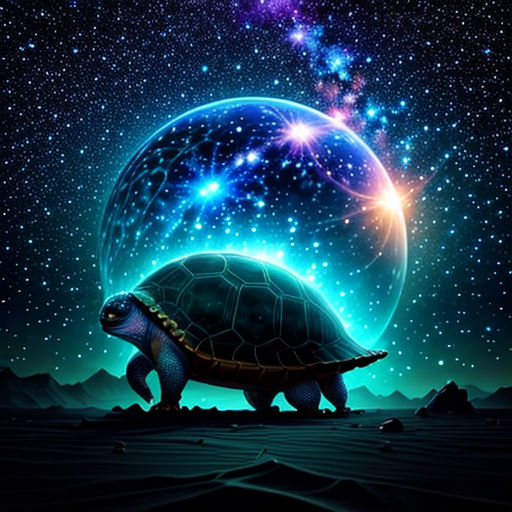 a turtle in the middle of a night sky with stars and a planet in the background with a bright glow