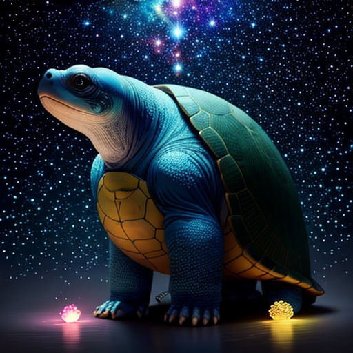 a turtle with a glowing shell in the middle of the night sky with stars in the background and a bright light shining on the turtle