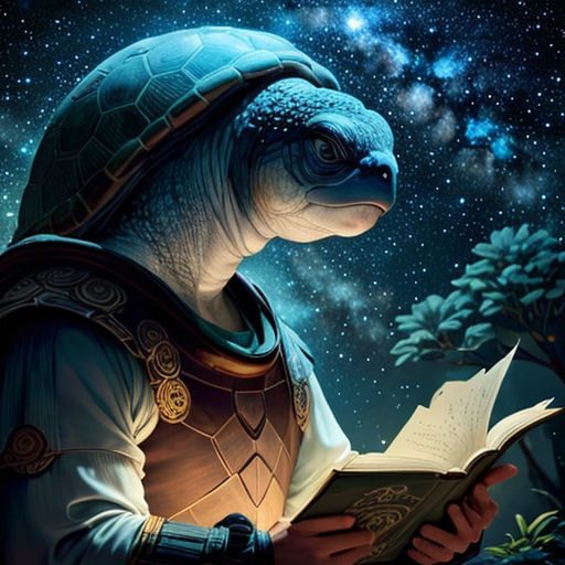 a turtle reading a book in the dark with stars in the background and a sky full of stars in the background