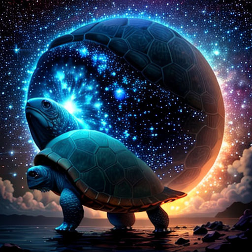 a turtle is floating in the water with a star filled sky behind it and a full moon in the background