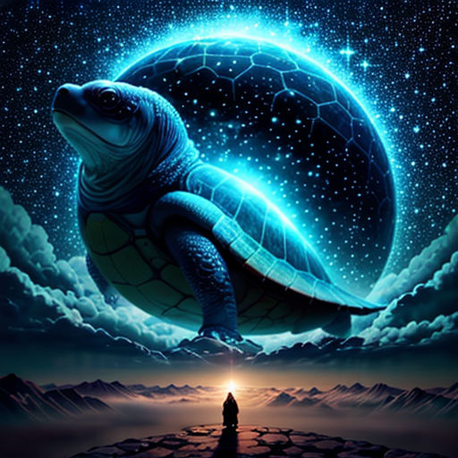 a turtle floating in the air with a sky background and stars above it, with a person standing on a rock