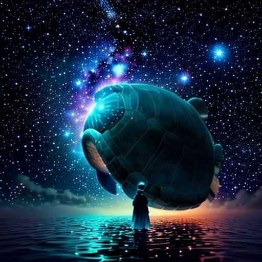 a man standing in the water next to a giant turtle in the sky with stars above it and a person standing in the water