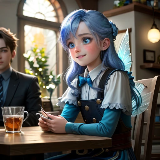 a boy and a girl sitting at a table with a cup of tea in front of them and a man in a suit