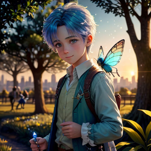 a young boy with blue hair and a butterfly on his shoulder, standing in a park with a butterfly on his shoulder