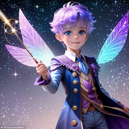 a cartoon character holding a wand and wearing a purple outfit with stars in the background and a purple dress