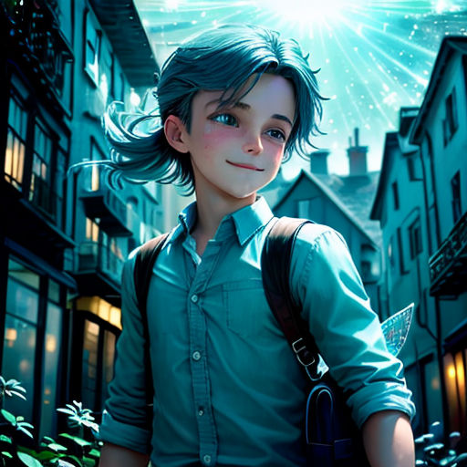 a boy with a backpack is standing in front of a building and looking at the camera with a glowing star in the background