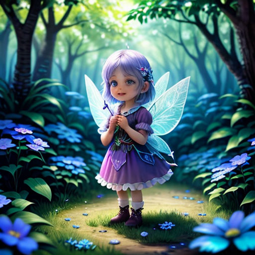 a little girl dressed in a fairy costume standing in a forest with flowers and butterflies around her, with a butterfly in her hand