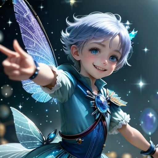 a little girl dressed in a blue dress and holding a wand with a butterfly on it's back
