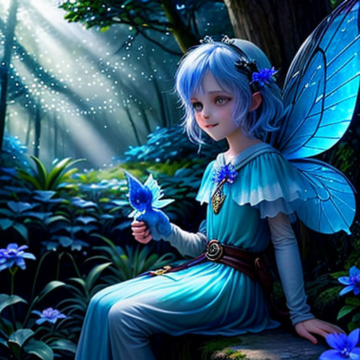 a fairy sitting on a rock in a forest with blue flowers and a blue bird in her hand and a light shining down on her