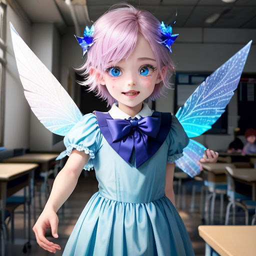 a little girl dressed in a blue dress with wings and a bow on her head and a blue dress with a bow on her head