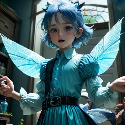 a young girl dressed in a blue fairy costume with wings and a cigarette in her hand, standing in a room with a stained glass window