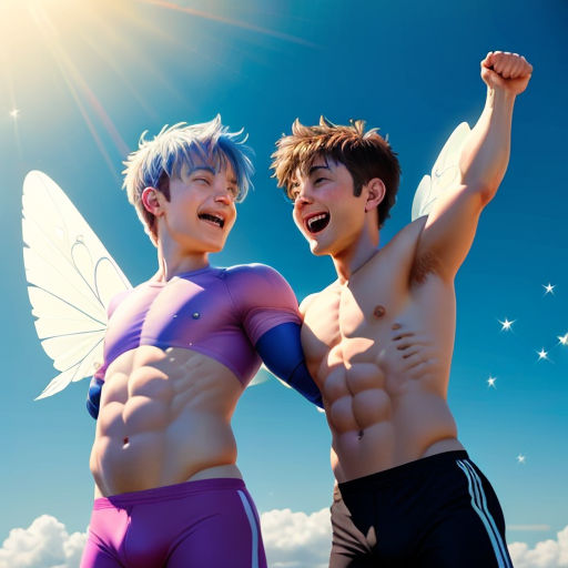 two men in swimsuits with wings on their backs, one of them is holding his arm up