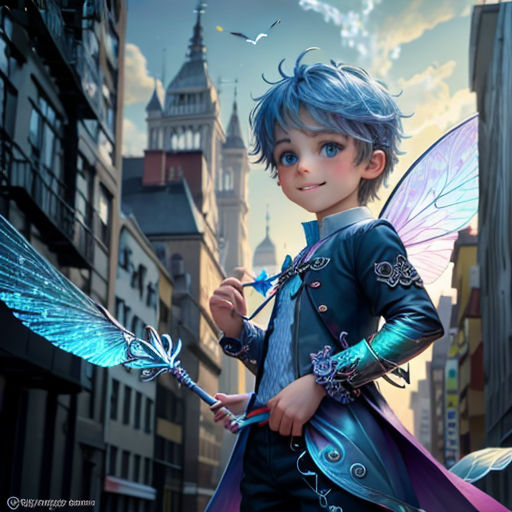 a young girl dressed in a fairy costume holding a wand and a butterfly wand in her hand in a city