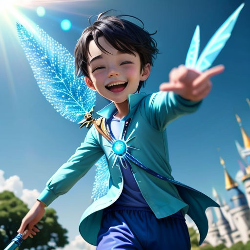 a cartoon character is holding a wand in front of a castle with a blue sky background and a blue sky