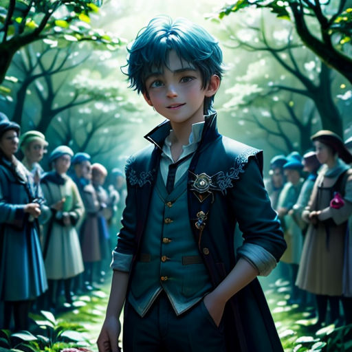 a boy in a costume standing in a forest with other people in the background and a green forest with trees