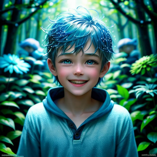 a boy with blue hair standing in a forest with blue flowers and trees in the background, smiling at the camera