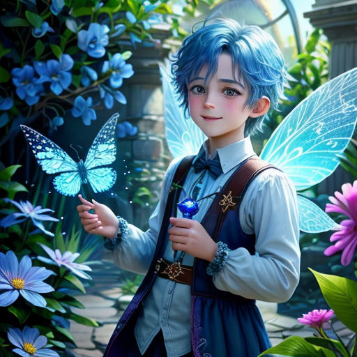 a young girl dressed in blue holding a butterfly in a garden with flowers and a butterfly in her hand