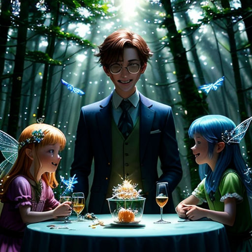 a man and two little girls sitting at a table with a cake in front of them and a fairy on the table