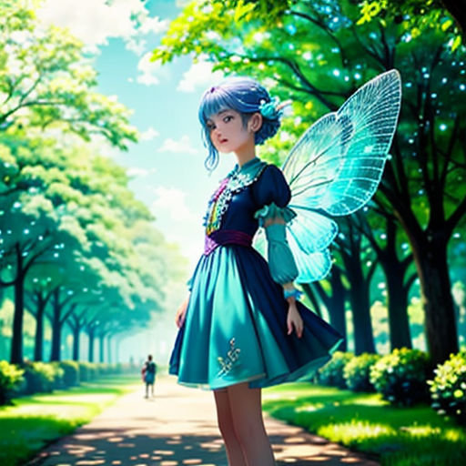 a girl in a blue dress is standing on a path with a butterfly wings on her head and a man in the background