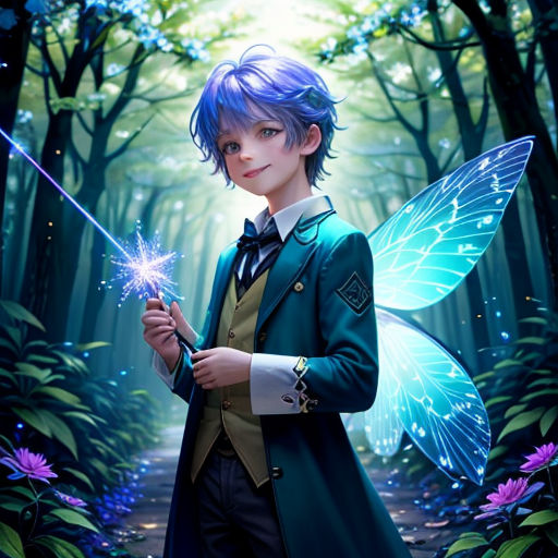 a boy in a green coat holding a sparkler in a forest with flowers and trees around him,