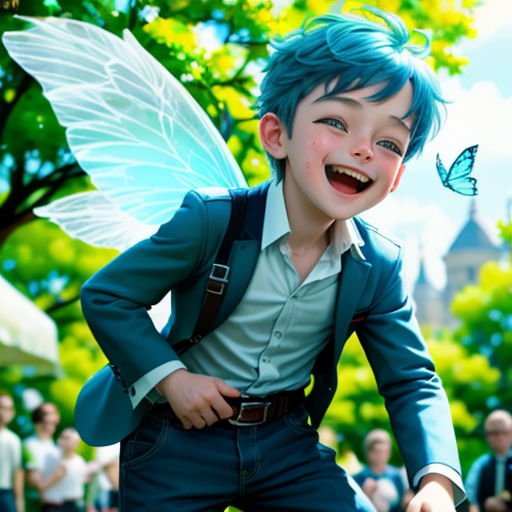 a boy dressed in a suit and tie with a butterfly on his shoulder and a butterfly on his shoulder