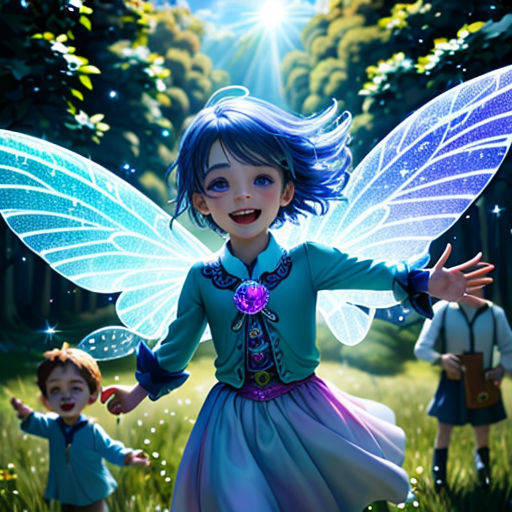 a little girl dressed in a fairy costume with two other children in the background, and a fairy with a blue dress and wings