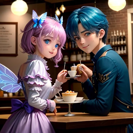 a couple of people that are sitting at a table with food in hand and a cup of coffee in front of them