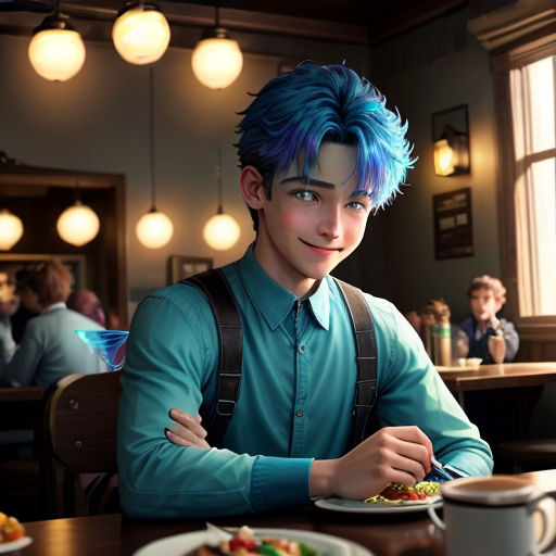 a man with blue hair sitting at a table with food in front of him and a cup of coffee