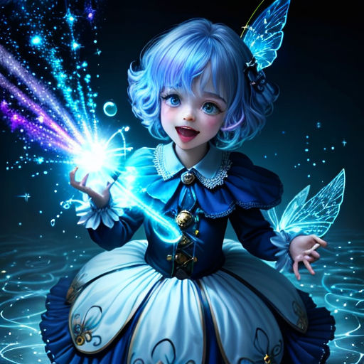 a little girl dressed in a blue dress holding a sparkle wand and a star in her hand with a blue dress on