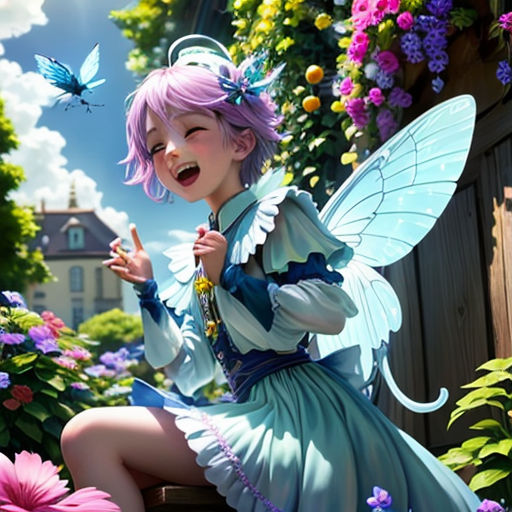 a girl dressed in a fairy costume sitting on a bench in a garden with flowers and butterflies around her