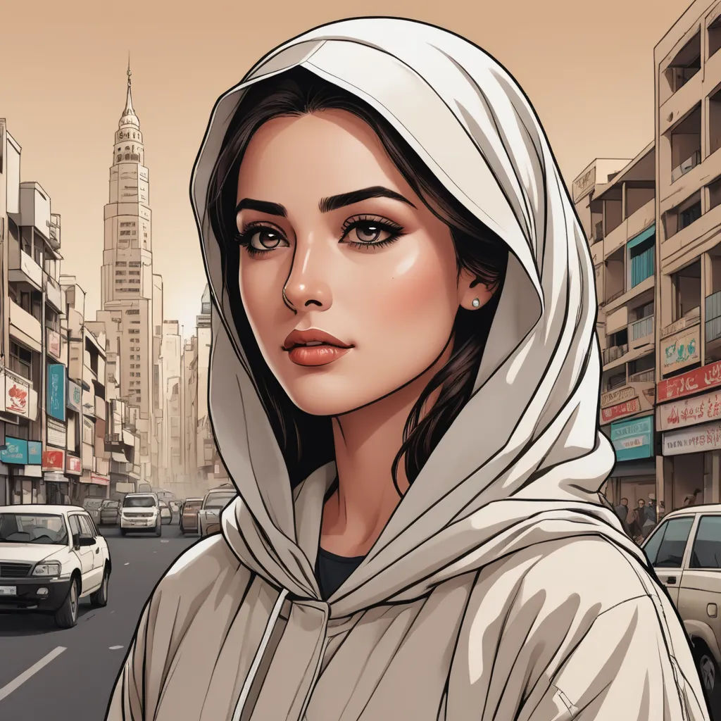 a woman in a hooded sweatshirt is standing in the street with a city in the background and a car in the foreground, hyperrealism, a comic book panel, Artgerm, highly detailed digital painting