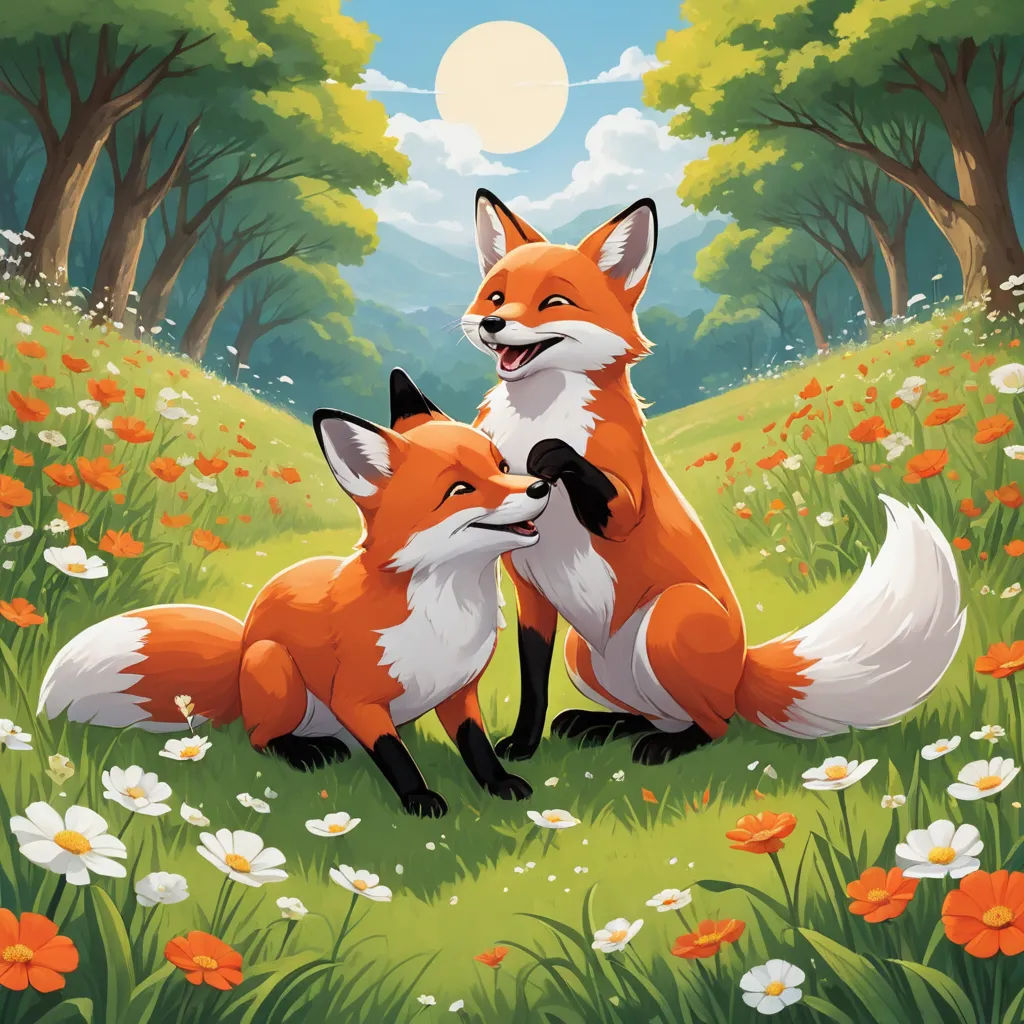 two foxes are sitting in the grass together and smiling at the camera, with a full moon in the background, furry art, a storybook illustration, Brothers Hildebrandt, official art