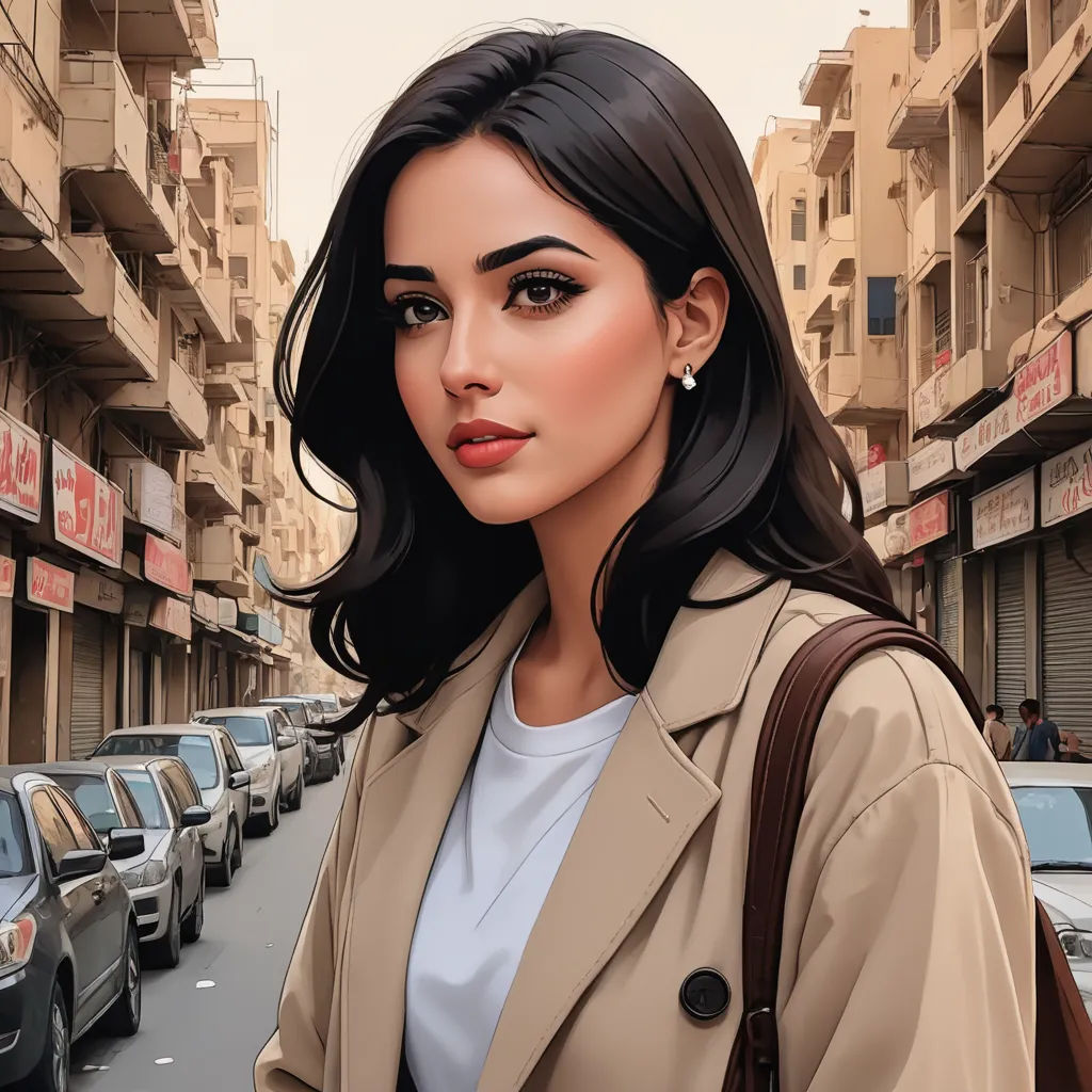 a woman in a trench coat is standing in a street with cars and buildings in the background and a city street with cars, digital art, a digital painting, Alena Aenami, city background