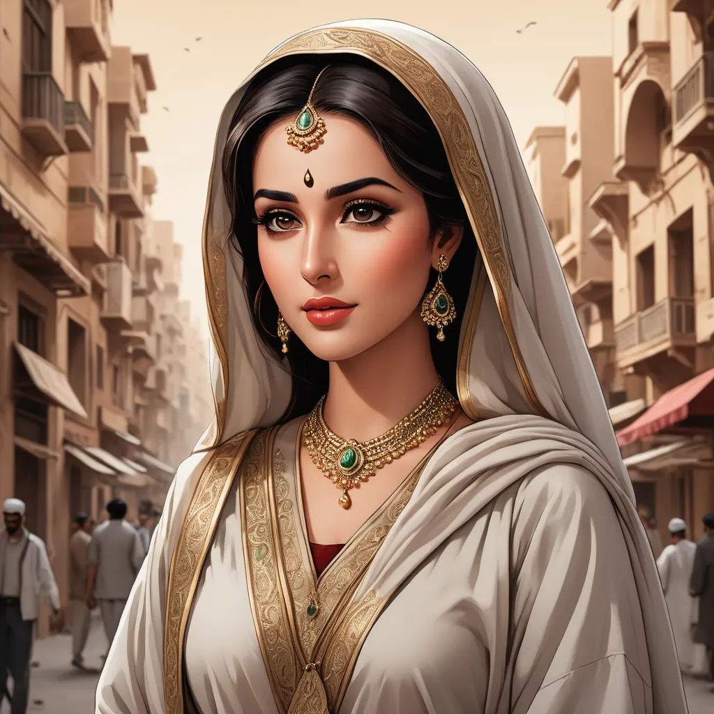 a woman in a white and gold outfit in a street with people walking around her and a man in a suit and tie, qajar art, a detailed painting, Altoon Sultan, highly detailed digital painting