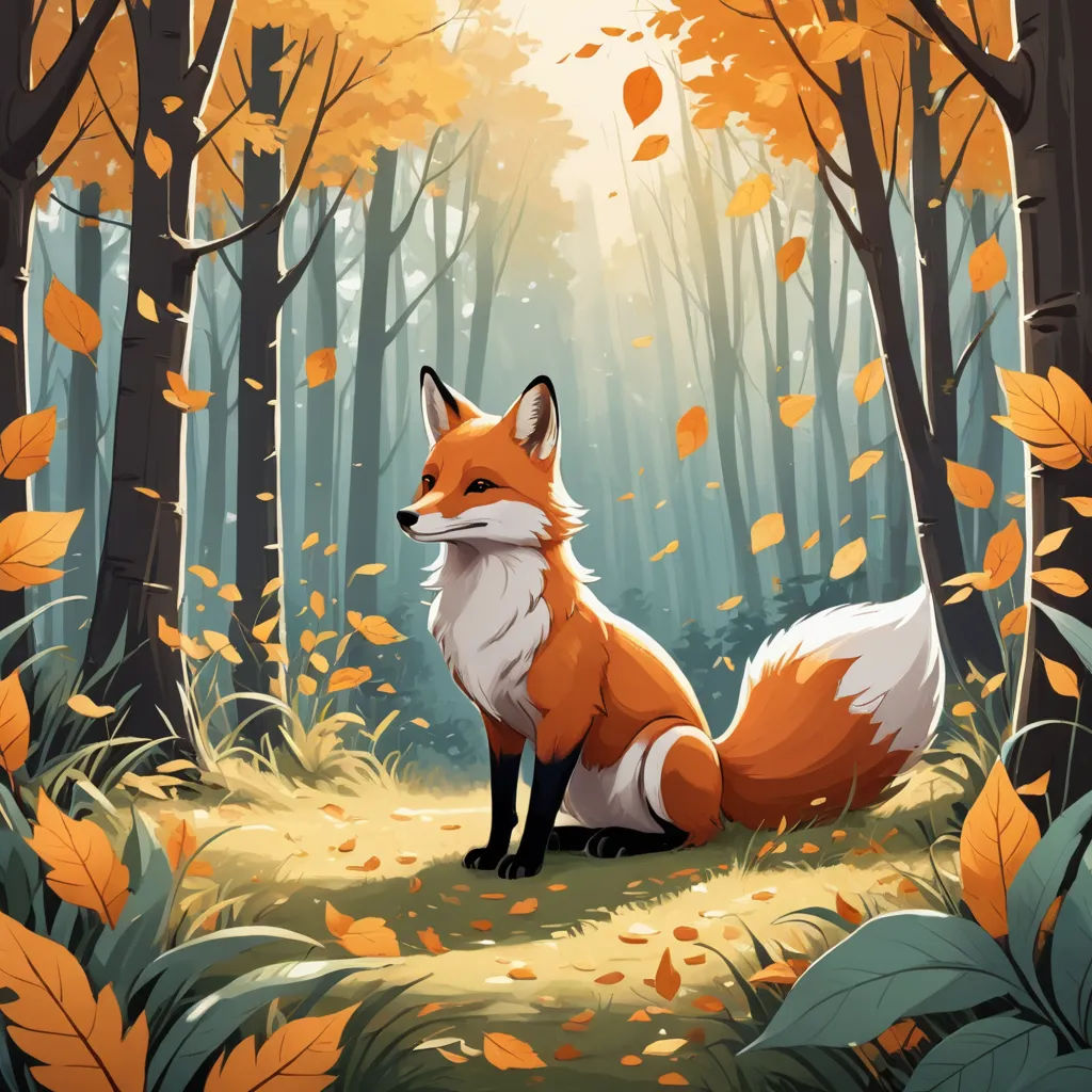a fox sitting in the middle of a forest with leaves on the ground and trees in the background,, furry art, a storybook illustration, Cyril Rolando, autumn