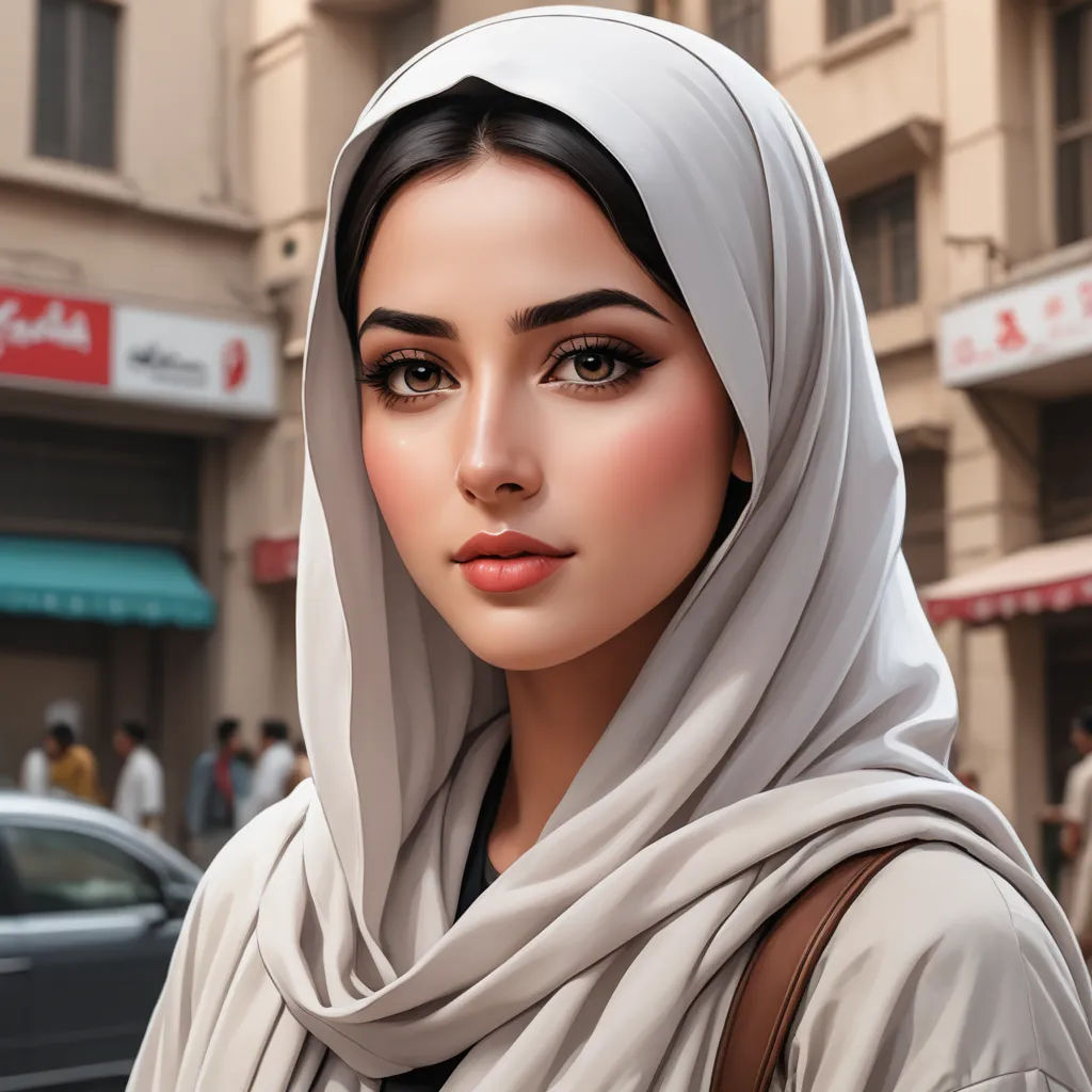 a woman with a headscarf on a city street with a car in the background and a building with a sign on it, photorealism, a digital painting, Artgerm, ultra realistic digital art
