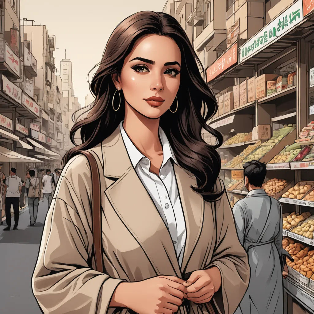 a woman standing in front of a store filled with donuts and other items in a store aisle with a man looking on, socialist realism, a comic book panel, Colin Middleton, comic cover art