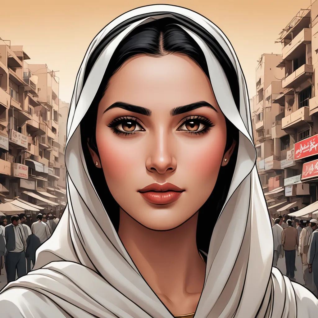 a woman in a white scarf and a city street with people in the background and a sign that says,, serial art, egyptian art, Charlie Bowater, highly detailed digital painting