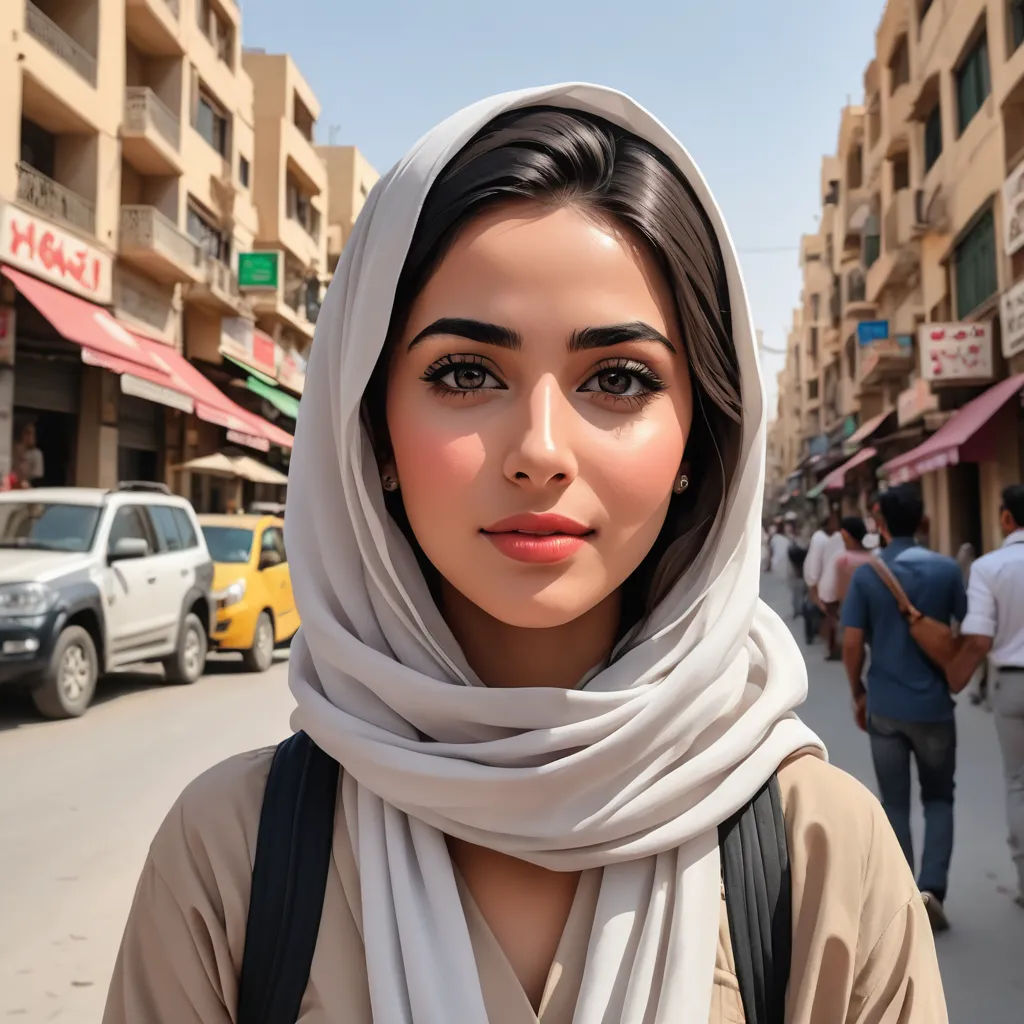 a woman with a scarf on her head standing in the street of a city with cars and people walking around, hurufiyya, a photorealistic painting, Elina Karimova, girl
