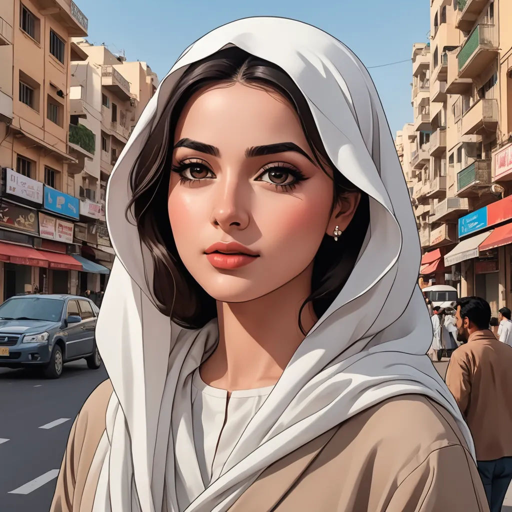 a woman in a white shawl is standing on a street corner with a car in the background and buildings in the background, computer art, a digital painting, Alena Aenami, highly detailed digital painting