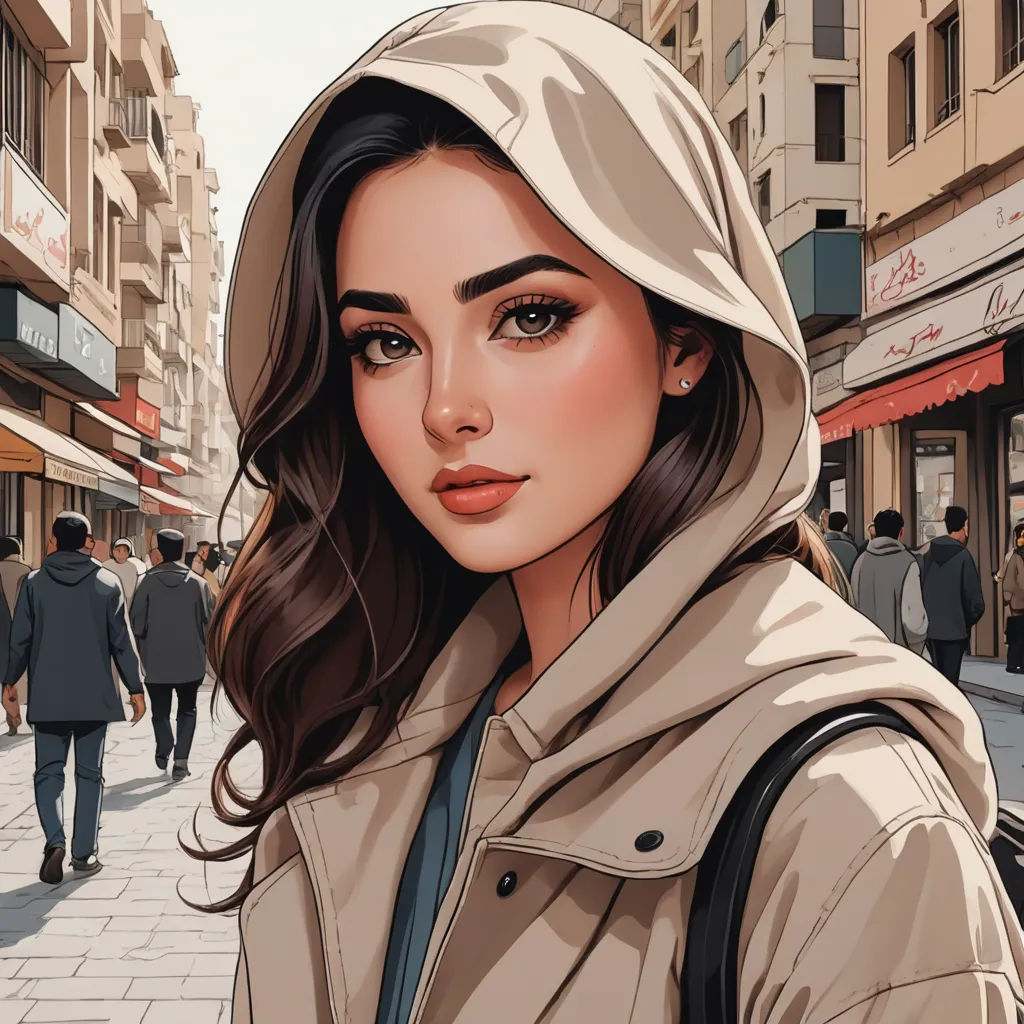 a woman in a hooded jacket is standing on a street corner with a backpack on her shoulder and a man in a suit and tie is walking behind her, fantasy art, a detailed painting, Alena Aenami, highly detailed digital painting