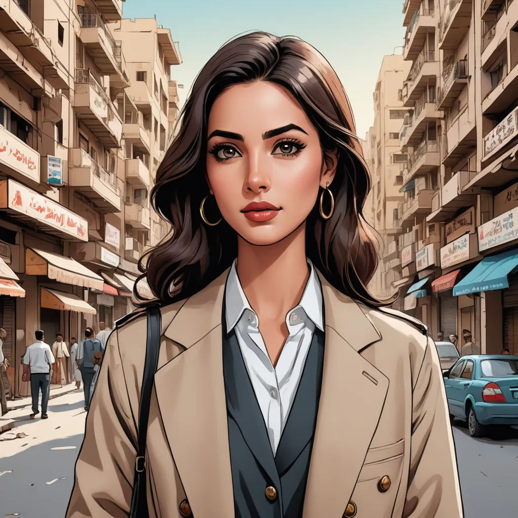 a woman in a suit and tie standing on a street corner in front of a building with a man walking by, serial art, a comic book panel, Bouchta El Hayani, city background