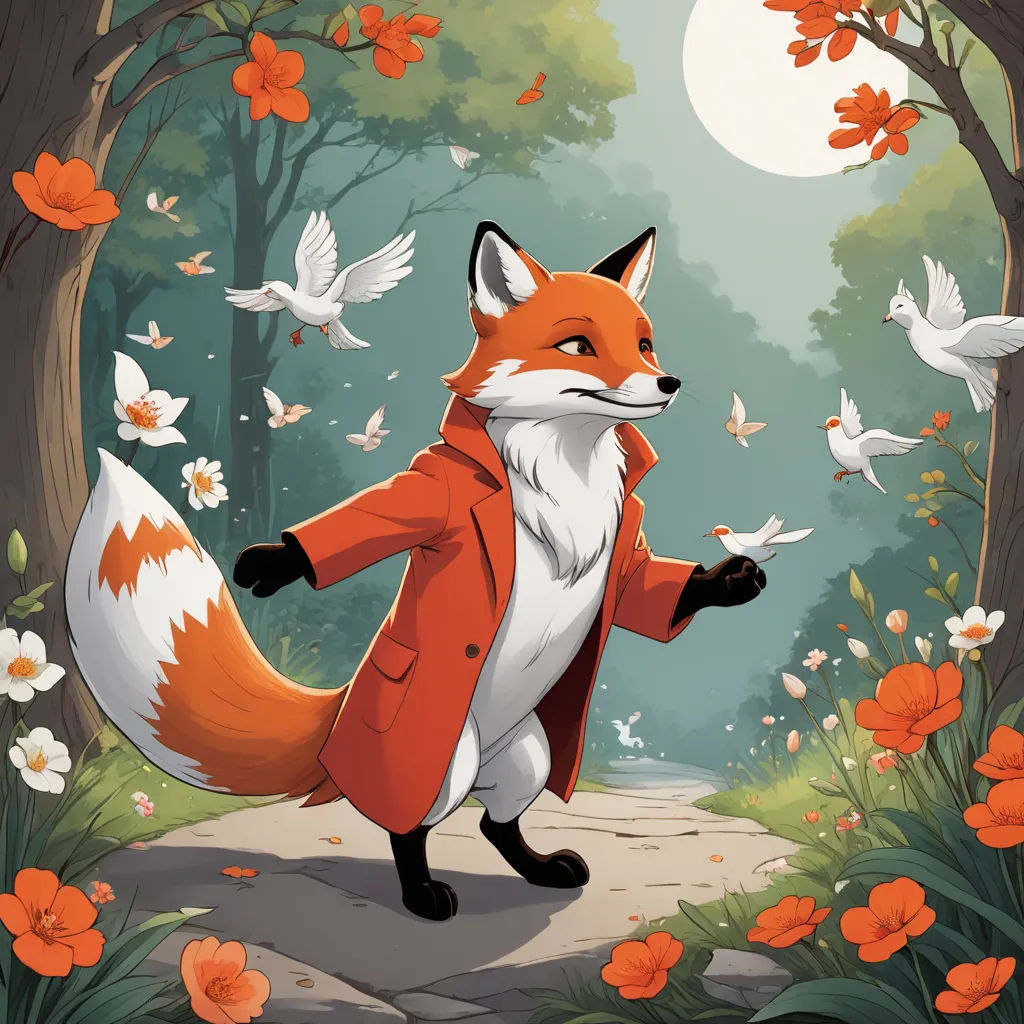 a fox in a red coat is walking through a forest with birds flying around him and a full moon in the background, furry art, a storybook illustration, Aaron Jasinski, official art