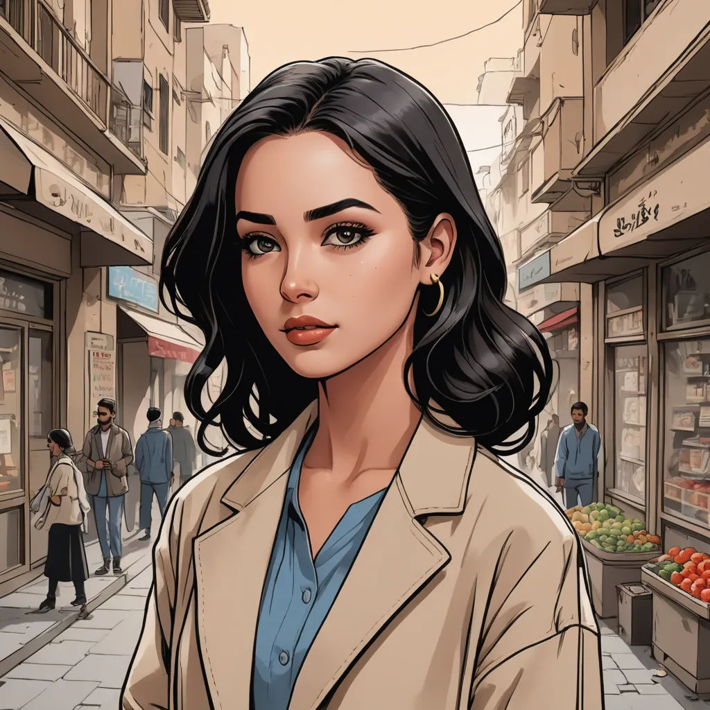 a woman in a tan jacket is standing in a street with a market in the background and people walking around, serial art, a comic book panel, Artgerm, comic cover art